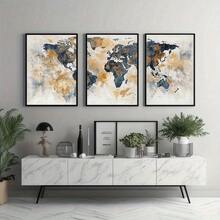 3 pièces Art sur canevas encadré - Décoration murale pour couloir & bureau - Affiche carte du monde avec cadre en bois, impression d'art aquarelle, art de mode, art minimaliste, art abstrait, convient pour café, bar, maison & dortoir, décoration murale du salon - A - Voir 4