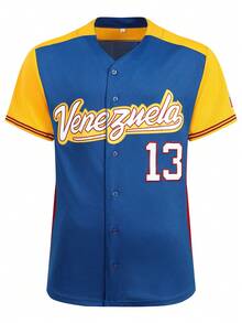 Veste de baseball pour hommes avec 13 boutons bleus, vêtement de sport brodé et t-shirt de formation décontracté - Bleu azur - Voir 1