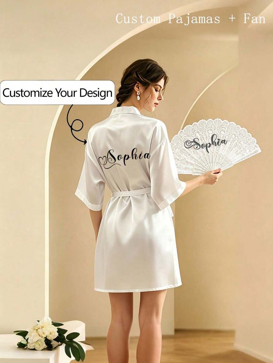 1pc Customized Short Sleeve Satin Bridal Robe, Customizable Text, Customized Bride And Bridesmaid Wedding Robe, Personalized Satin Robe, Customized Bridal Robe, Bridesmaid Getting Ready Robe, Wedding Party Robe, Lace Trim Robe, Customized Name Robe, Bridal Robe Gift, Bridal Party Gift, Silky Loungewear, Simple, Fun, Customized, Unique, Matching Bridesmaid Robe Silky Loungewear Special Bridal Gift, Best Friend, Girlfriend, Fashion Autumn - Multicolor - View 1