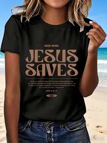 Jesus Saves Christian T Shirt With Faith Bible Verse John 3 16 17 Good News Religious Tee For Women Casual Wear Beach Outfit Perfect Gift For Church Events And Daily Life Fashionable Design Comfortable Fit Lightweight Material Ideal For Outdoor Activities And Spiritual Inspiration - 黑色 - 查看 12