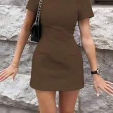 Nuevo vestido de mujer de unicolor, elegante y casual, de tela tejida con cremallera, adecuado para eventos nocturnos, oficina y uso diario en primavera temprana y verano blanco AG - marrón - Ver 1