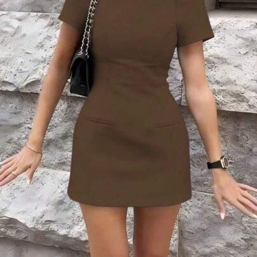 Nuevo vestido de mujer de unicolor, elegante y casual, de tela tejida con cremallera, adecuado para eventos nocturnos, oficina y uso diario en primavera temprana y verano blanco AG - marrón - Ver 1