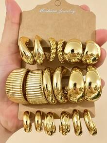 Set di 3-9 paia di orecchini spessi placcati in oro, orecchini spessi ipoallergenici placcati in oro per donne, set di orecchini alla moda multi-stile, forma a C extra large, ruota extra large, orecchini a cerchio forma a C grande, medio e piccolo - Dorato - Visualizzare 1