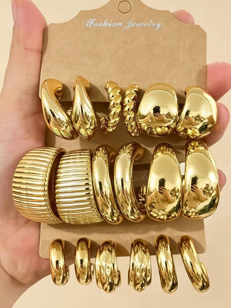 Set di 3-9 paia di orecchini spessi placcati in oro, orecchini spessi ipoallergenici placcati in oro per donne, set di orecchini alla moda multi-stile, forma a C extra large, ruota extra large, orecchini a cerchio forma a C grande, medio e piccolo - Dorato - Visualizzare 1