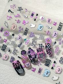 1pc Sweet Punk Style 6D 3D Embossed Nail Stickers, Pink & Black Color Scheme With Skull, Bear, Lightning, Skeleton Hand & Fun Text, Subculture Vibe, Suitable For Streetwear, Y2K Look, Sweet Punk Nails, Party Occasions, Ideal For Subculture Enthusiasts, Students, Nail DIY Beginners, Personalized Girls - Multicolor - View 7