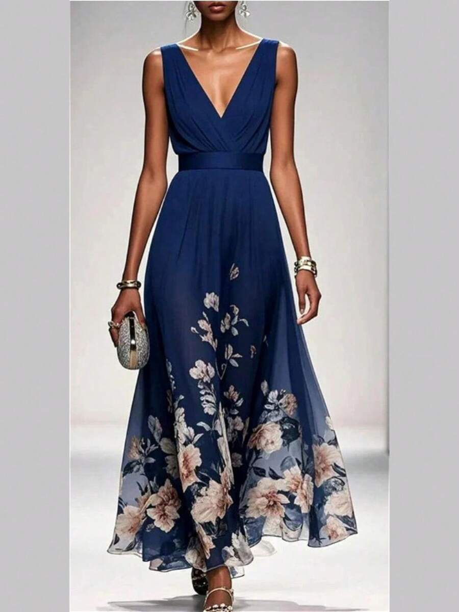 Elegant Women's V-Neck Chiffon Floral Blouse Dress, A-Line Dress With A Fitted Waist And Flowing Style For Vacation, Garden, And Tea Party Occasions - 藏蓝色 - 查看 1