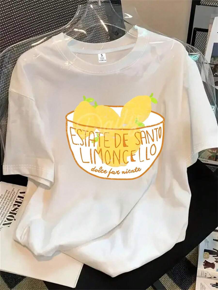 Top de mujer de manga corta y cuello redondo con estampado de limones, apto para todas las estaciones. - Blanco - View 1