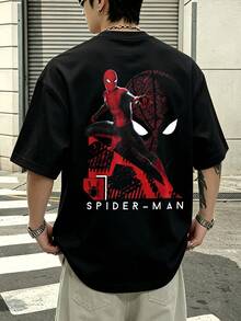 T-shirt Marvel style années 2000, motif Spider-Man en pose dynamique, toile rouge, 100 % coton, vêtements homme, chemises pour hommes, tenues d'été pour hommes, collection Marvel, cadeaux pour hommes, streetwear pour hommes - Noir - Voir 1