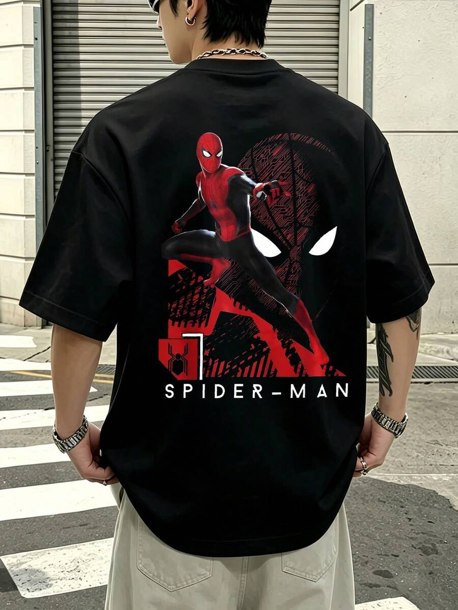T-shirt Marvel style années 2000, motif Spider-Man en pose dynamique, toile rouge, 100 % coton, vêtements homme, chemises pour hommes, tenues d'été pour hommes, collection Marvel, cadeaux pour hommes, streetwear pour hommes - Noir - Voir 1