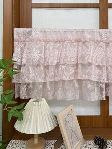 1pc French Romantic Pink Floral Lace Ruffled Curtain For Small Window, 3-Layer Tiered Sheer Valance For Kitchen Cabinet , Rod Pocket Short Sheer Curtain For Cafe Farmhouse Decor - Pink - View 4