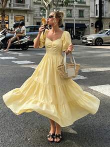 2026 Summer New Arrival French Elegant Dress, Yellow Bohemian Style Square Collar Short Sleeve Waist Flared Skirt, Minimalist Casual Vibe, Suitable For Vacation, Beach, Music Festival, Commute, Date, Leisure Wear - Yellow - View 5