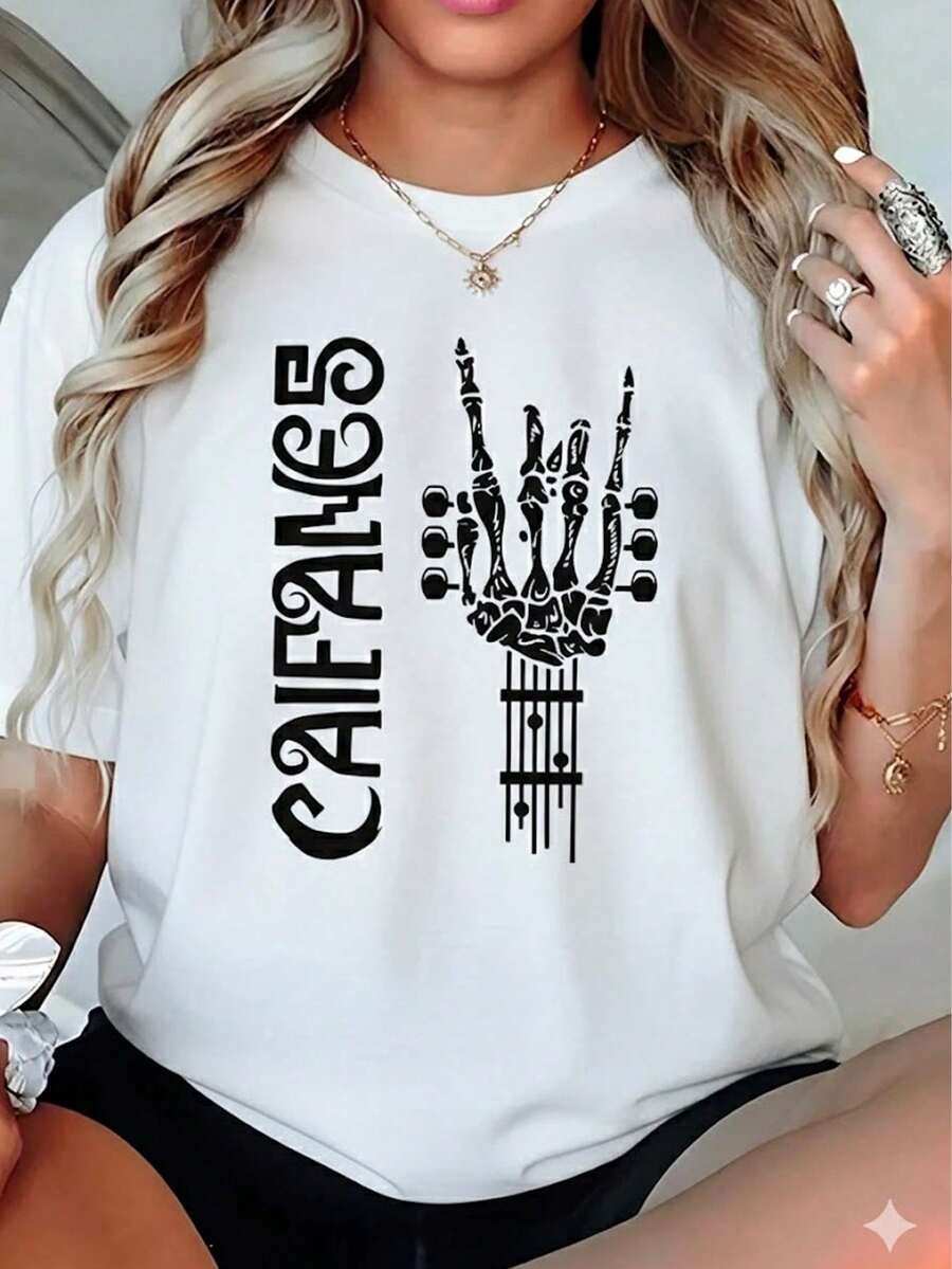 Oversized Black CAIFANES Rocker T-Shirt With Skeleton Hand And Guitar Graphic, Vintage Urban Gothic Style Tee, Loose Casual Short Sleeve Women's Top, Pretty Women's Blouses, Rock Mexico - 白色 - 查看 1