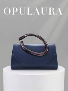 OpulAura 復古純色手拿包，百搭小手提包，時尚 PU 女款包，適合婚禮、派對、舞會、晚餐及其他場合 - 藏蓝色 - 查看 2