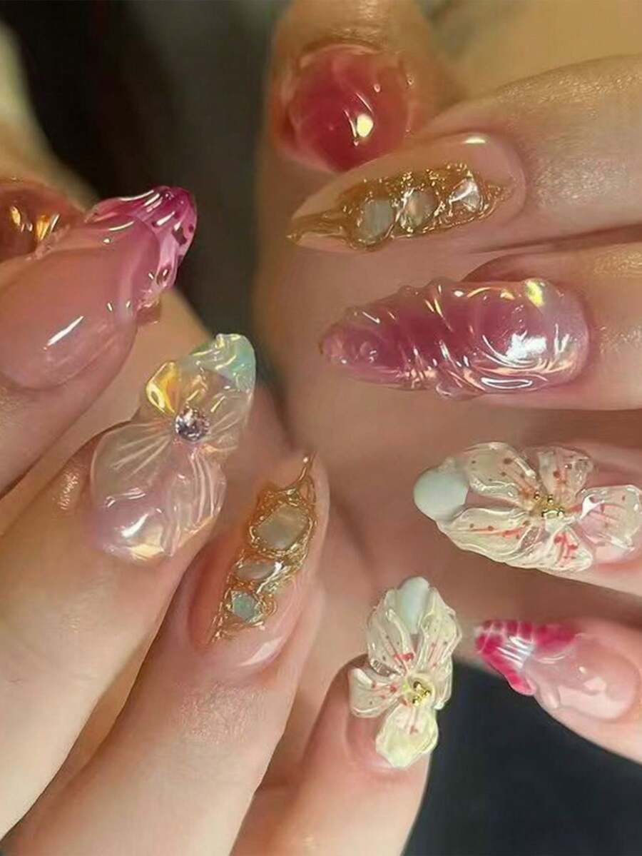 24 buah Stiker Kuku Gel 3D Berbentuk Almond Panjang, Ujung Kuku Manikur Prancis Motif Bunga, Termasuk 1 Perekat Dua Sisi dan 1 Kikir Kuku, Kuku Musim Panas dan Kuku Gel - View 1