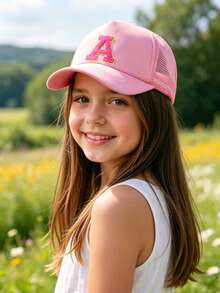 1pc Kids 3-15 Years Adjustable Mesh Trucker Hat, 26 Letters Breathable Baseball Cap, Sun Protection For Sports And Daily Wear - Pink - View 9