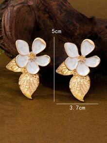 1 pieza Pendientes de botón con diseño único y elegante de flor y hoja con gota de aceite, adecuados para el uso diario de las mujeres, citas, vacaciones, fiestas, el mejor regalo para amigos - Naranja - Ver 4