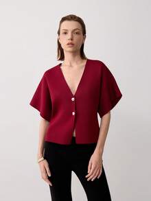 Women's Casual Solid Color Button Front Cardigan, Suitable For Summer & Autumn - Burgundy - View 4