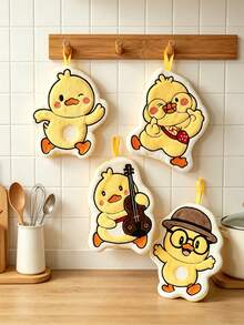4pcs/1pc Coral Fleece Soft Absorbent Lint-Free Hanging Hand Towel Cute Little Duck Design Hanging Multi-Functional Quick-Dry Bathroom Kitchen Towel Rag - Yellow - View 8