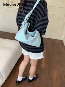 1件高級純色時尚編織紋理布料肩背包 大容量百搭斜背包 - 彩色 - 查看 3