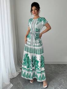 Vestido de Moda Oriental con Estampado Floral y Cinturón Ajustable para Mujer, Escote Redondo - Negro mate - Ver 6