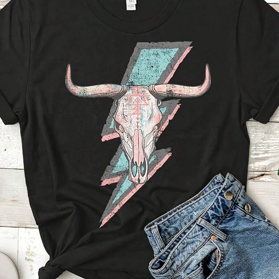 Boho Cow Skull k N Roll Shirt Bull Skull Shirt Western T-Shirt Cow Shirt Cool Countrhirt Uni Shirt - Negro - Ver 1