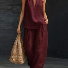 Women's Halter V-Neck Sleeveless 2-Piece Set, Solid Wide Leg Pants, Casual Lounge Co-Ord Outfit For Summer Vacation - 酒紅色 - 查看 13