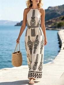 Paisley Print Jumpsuit: Halter Neck Wide Leg Romper With Open Back,Smocked Waist And Flowy Palazzo Pants For Beach Vacation And Summer Resort For Wome - 混合色 - 查看 2
