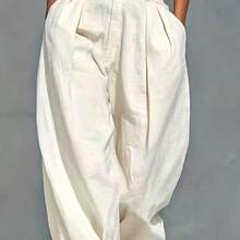 Pantalones casuales sueltos con bolsillo con cremallera y pliegues de unicolor (sin cinturón) para primavera - Color albaricoque claro - Ver 4