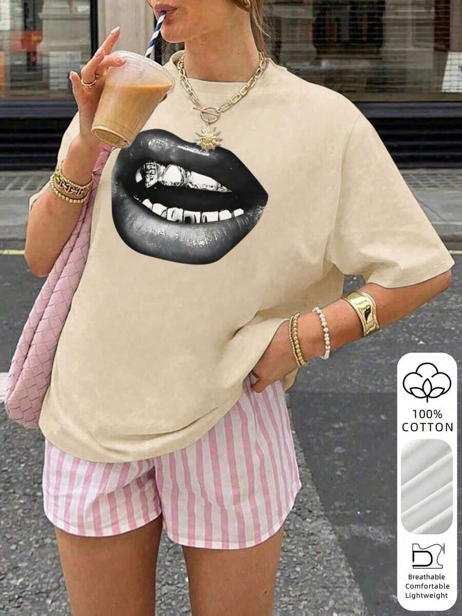 Camiseta holgada de algodón 100% pura con estampado de labios negros para mujer, top casual suave y transpirable, camiseta de manga corta estilo punk Y2K, adecuada para salidas diarias, festivales de música, citas y ropa casual urbana. Blanca, para uso diario en primavera y verano, transpirable. - Albaricoque - Ver 1