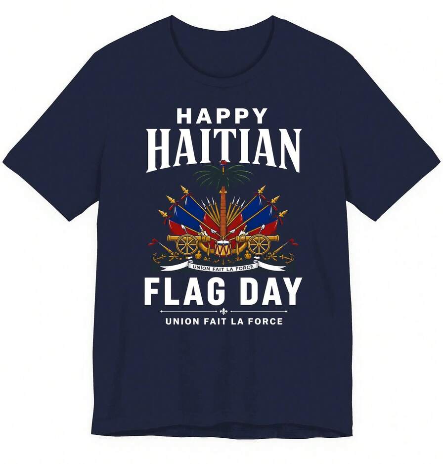 Camiseta del Día de la Bandera Haitiana | Camiseta con el Escudo de Armas de Haití | Camiseta Union Fait La Force | Ropa Orgullo Haitiano | Regalo cultural de Haití - Negro (Solo disponible en blanco y negro) - Ver 1