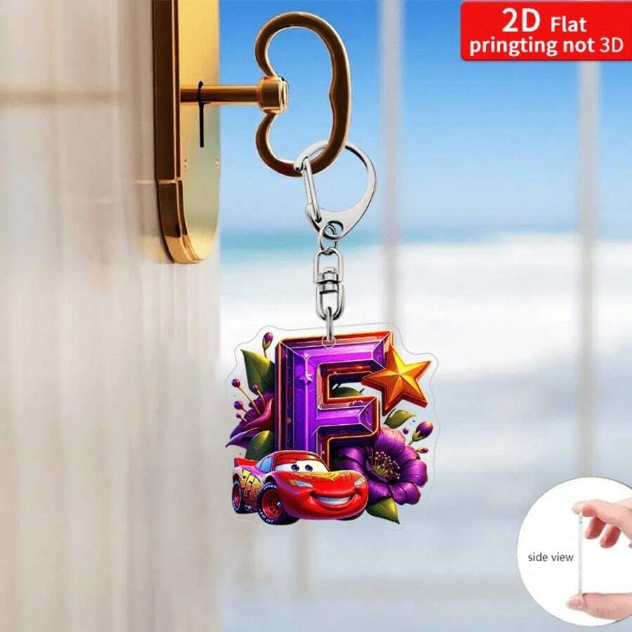 Bộ móc khóa 2D phẳng 1 chiếc, hình hoạt hình chữ cái hoa xe hơi, mặt dây chuyền acrylic chủ đề giấc mơ "A-Z" kèm dây xích, phụ kiện treo túi sáng tạo - Nhiều màu - Xem 1