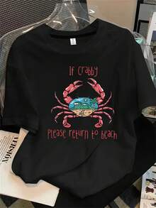 Camiseta de manga corta y cuello redondo para mujer con estampado de cangrejo en la espalda, apta para todas las estaciones. - Negro - Ver 1