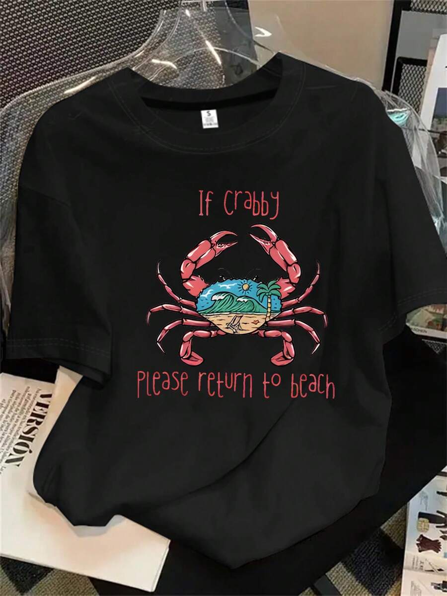 Camiseta de manga corta y cuello redondo para mujer con estampado de cangrejo en la espalda, apta para todas las estaciones. - Negro - Ver 1
