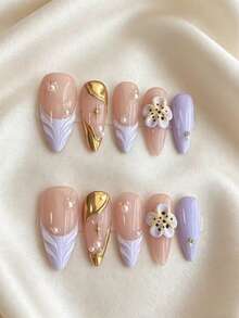 10pcs Date Essential Soft Skin Nude Pink Lavender French Gold Swirl Pearl 3D Flower Bright Color Versatile Press-On Nails - 紫丁香色 - 查看 2