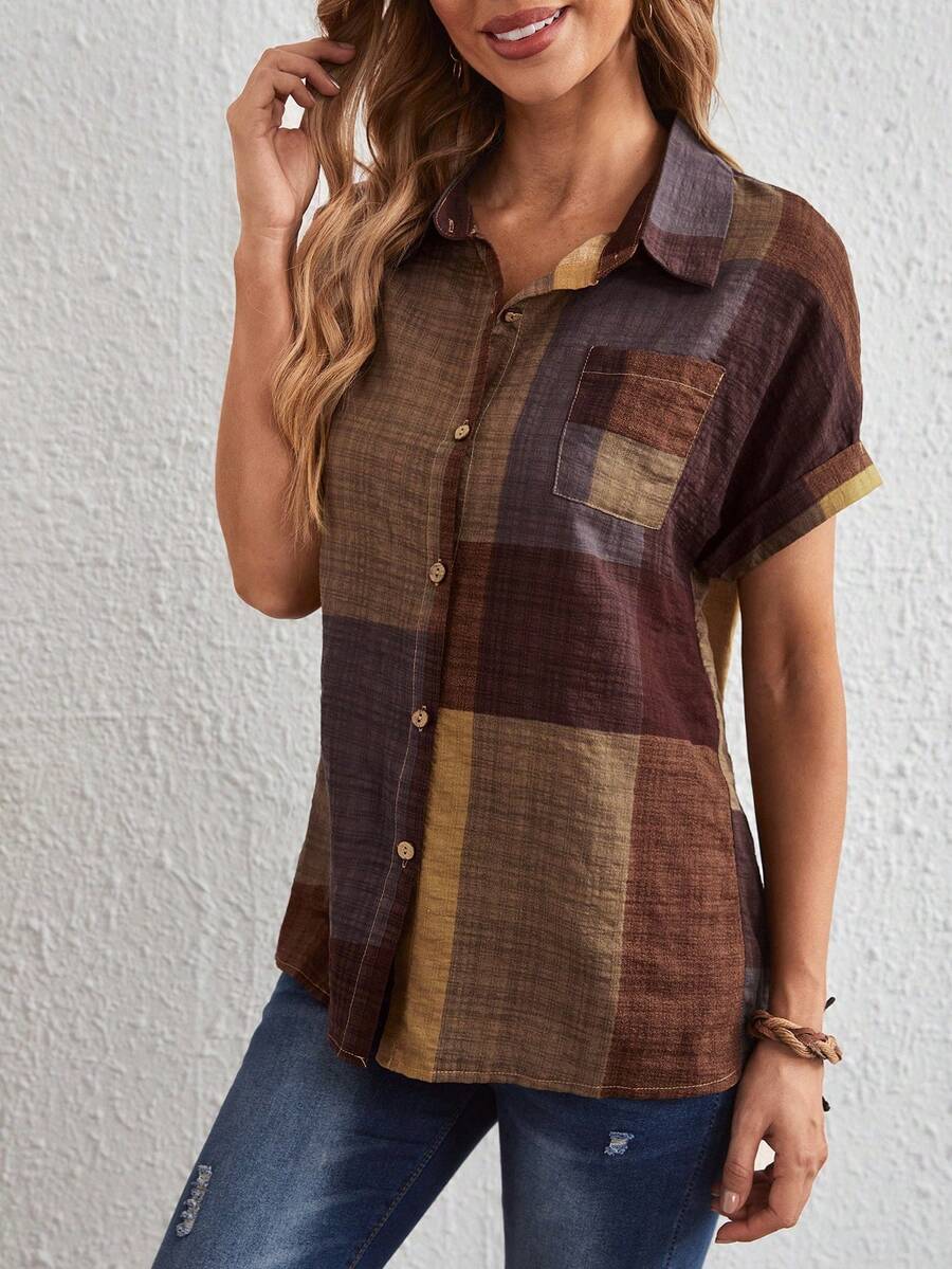Camisa de color combinado con botón delantero con parche de bolsillo - Multicolor - Ver 1