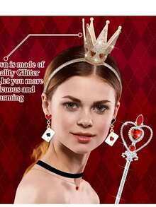 5pcs Queen Style Costume Accessory Set, Includes 1 Shiny Crown, 1 Heart Crown Necklace, Heart Earrings, Queen Wand And Poker Leggings, 1920s Ball Costume Props, Suitable For Cosplay And Costume Party, Applicable For Carnival, Stage Performance, Photography, Valentine's Day Gift, Christmas Gift, Etc. - Multicolor - View 2