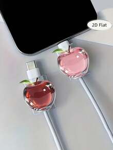 2D Flat Beautiful Red And Pink Apple Fruit-Patterned Cable Protector, Anti-Scratch Type-C/Phone Charger Cable Cover, Stylish And Durable, Phone Cable Protector, Fun Design, Sturdy Plastic Material - Multicolor - View 2