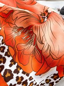 1PC Faux Silk Elegant Leopard Print Floral Pattern Scarf For Women, Long Beach Vacation Shawl, Sun Protection Beach Wrap, Fashion Versatile Scarf Shawl Suitable For Daily Matching And Decoration - Orange - View 4