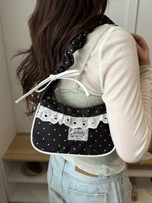 Fashion Pleated Polka Dot Lace Trim Handheld Shoulder Underarm Bag - Black - View 4