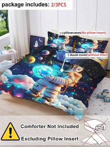 2/3件組 3D太空人星系床上用品套組，藍色太空行星與雲朵印花被套組，適合兒童與青少年，柔軟被套附枕套，天文主題臥室裝飾，(單人/雙人/加大尺寸) - 彩色 - 查看 3