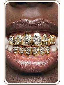 UBGICIG Grillz - Juego de parrillas dentales para tus dientes de diamante, dientes Grillz para hombres, vampiros falsos de Halloween - Corazón dorado - Ver 1