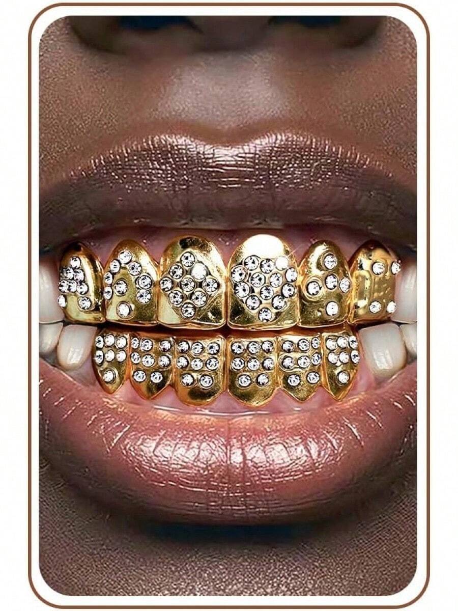 UBGICIG Grillz - Juego de parrillas dentales para tus dientes de diamante, dientes Grillz para hombres, vampiros falsos de Halloween - Corazón dorado - Ver 1