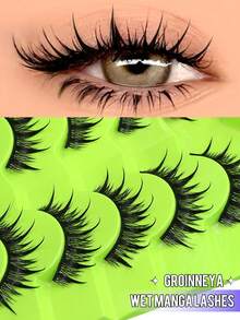 GROINNEYA 7 Pairs Comic Wet Eyelashes Cartoon Style Pointed Cat Eye False Eyelashes Natural Anime False Lashes, Delicate Korean Makeup Lashes, Japanese Cosplay False Lashes, Thick Dramatic False Eyelashes - Black - View 1