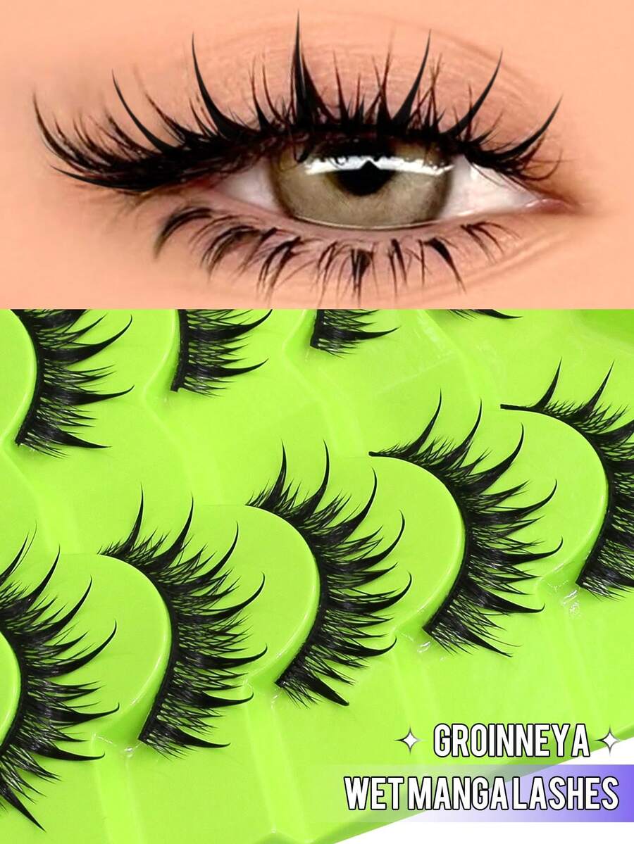 GROINNEYA 7 Pairs Comic Wet Eyelashes Cartoon Style Pointed Cat Eye False Eyelashes Natural Anime False Lashes, Delicate Korean Makeup Lashes, Japanese Cosplay False Lashes, Thick Dramatic False Eyelashes - Black - View 1