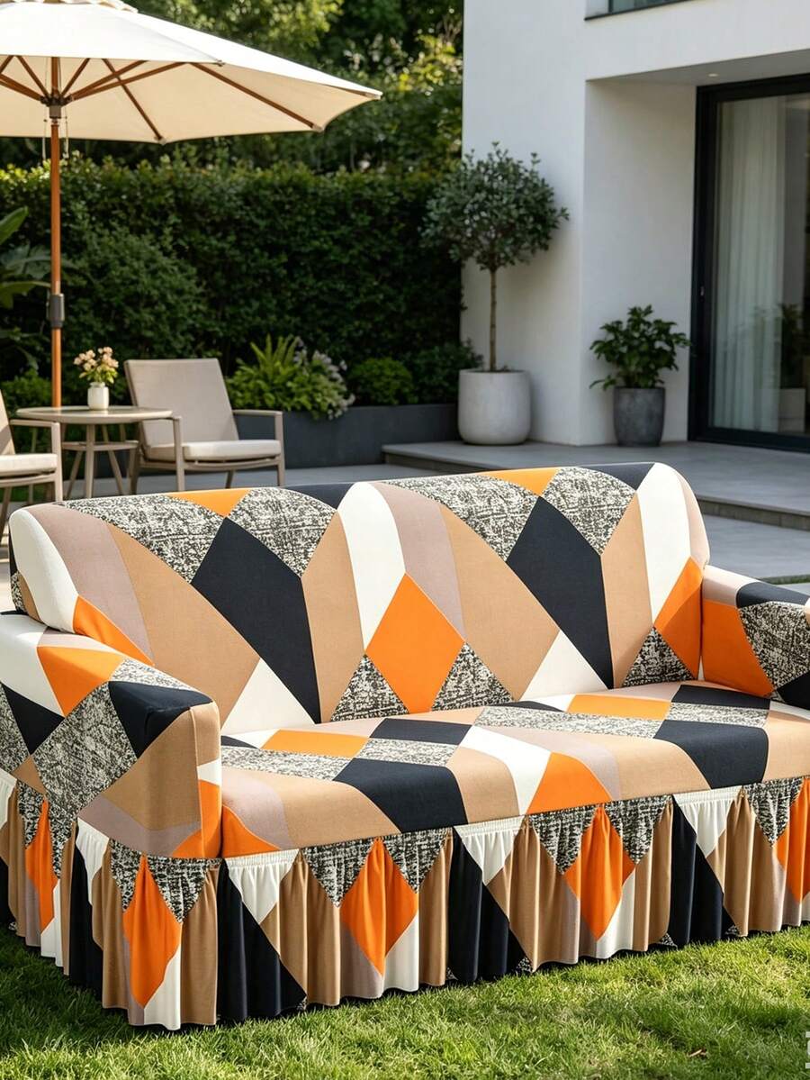 1pc Printed Hem Style Full Coverage Elastic Sofa Cover, Dust-Proof & Stain-Resistant, Stretchy One-Piece Full Coverage Sofa Protector, Living Room Home Decor, Machine Washable - Orange - View 1