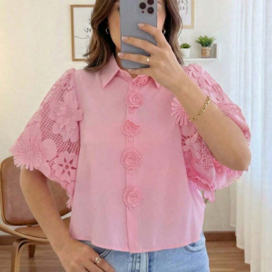Camisa con cuello bordado y calado con diseño floral de Solstice Apparel, blusa rosa para damas adecuada para uso casual, trabajo, brunch y jardín - Rosa - Ver 1
