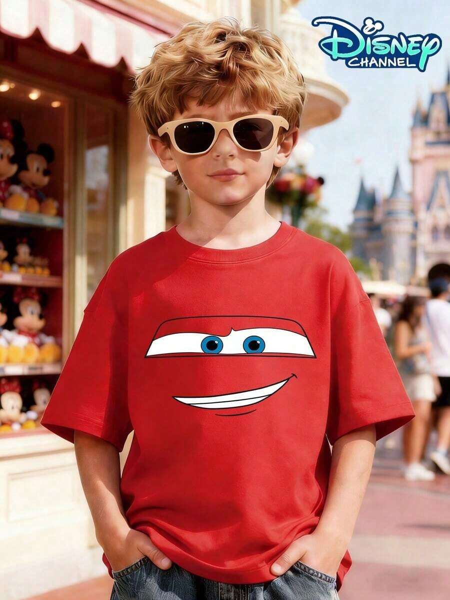 Disney 'Cars' Lightning McQueen No. 95 Themed Summer Red Top, Short-Sleeved, Casual And Cute Style, Suitable For Teenagers And Children To Wear, Perfect For Fashionable Girls. Comfortable And Casual, Suitable For Year-Round Wear. Classic Disney Pattern, Ideal For Travel, Perfect For Girls To Wear When Visiting Disneyland. - Red - View 1