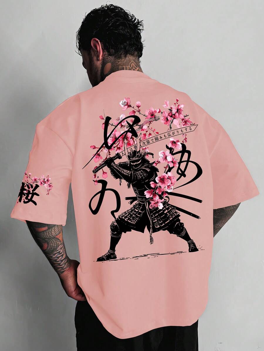 日式武士櫻花圖案寬鬆100%聚酯纖維T恤 夏季街頭風原宿Y2K休閒款背印圖案 - 粉色 - 查看 1