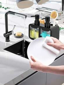 Dispensador de jabón de cocina, juego de dispensador de jabón para platos, botella dispensadora de jabón para manos, soporte para esponja y estante para platos, caja de jabón, adecuado para almacenamiento en la encimera del fregadero de la cocina - Accesorio práctico de cocina - (Toalla no incluida) - Multicolor - Ver 11
