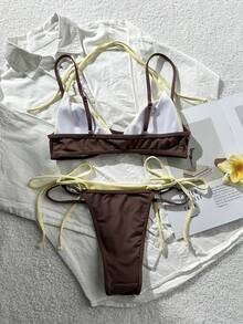 Women's Retro Polka Dot And Striped Bikini Swimsuit, Casual And Fashionable For Vacation, Music Festivals, Cup Races, Kentucky Derby, Summer Beach. - 黃色咖啡色 - 查看 4